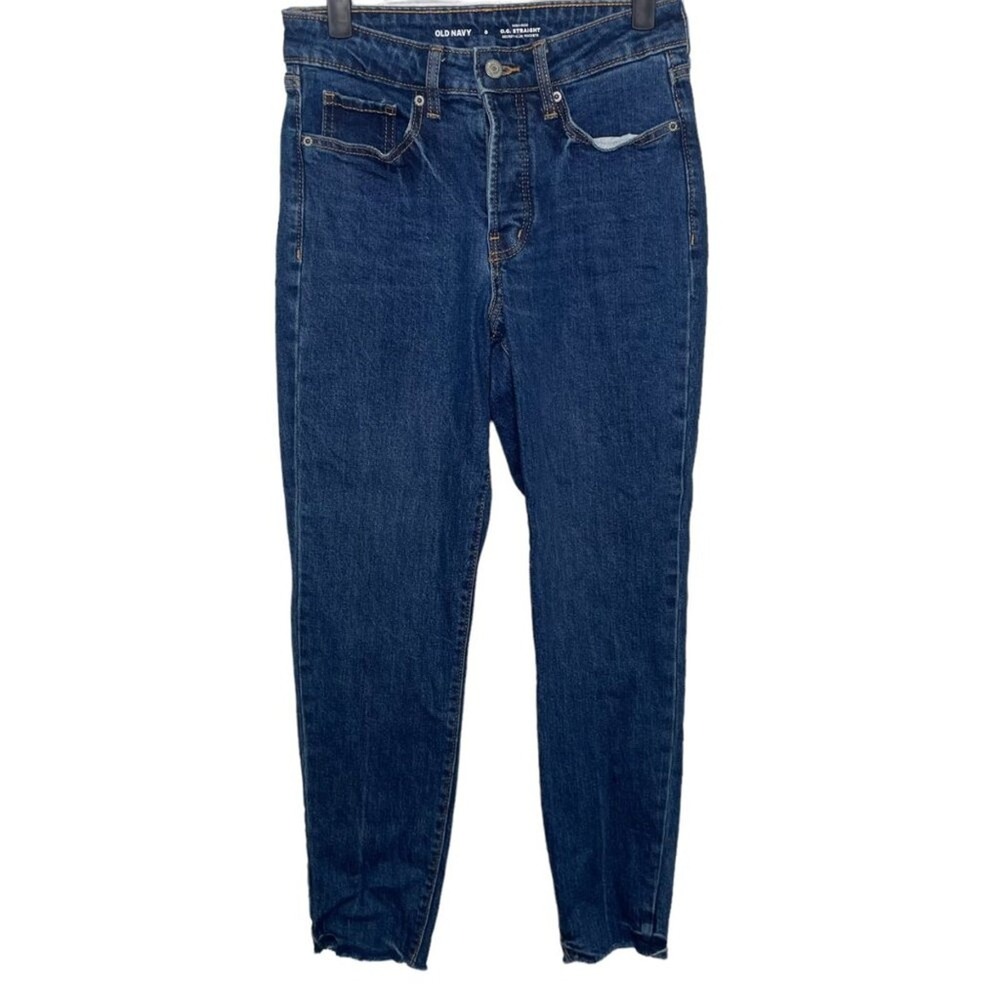 Old Navy OG Straight High Rise Jeans Dark Wash Raw Hem Size 0 Secret Slim